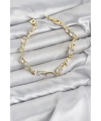 Pirinç Gold Renk Zirkon Taşlı Çiçek Model Kadın Bileklik