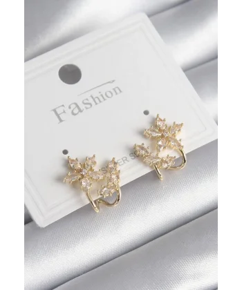 Pirinç Gold Renk Zirkon Taşlı Çiçek Model Kadın Küpe