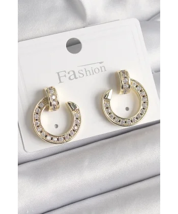 Pirinç Gold Renk Zirkon Taşlı Çivi Halka Model Kadın Küpe