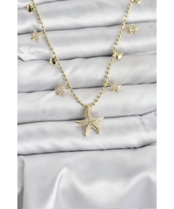 Pirinç Gold Renk Zirkon Taşlı Deniz Yıldızı Model Kadın Kolye