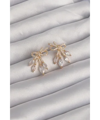 Pirinç Gold Renk Zirkon Taşlı Fiyonk Küpe