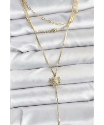 Pirinç Gold Renk Zirkon Taşlı Güneş Model Detaylı 3lü Kombin Y Kadın Kolye
