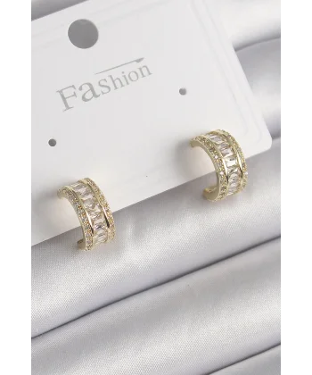 Pirinç Gold Renk Zirkon Taşlı Halka Model Kadın Küpe