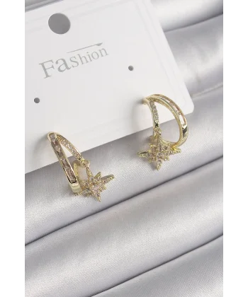Pirinç Gold Renk Zirkon Taşlı Halka Model Yıldız Detay Kadın Küpe