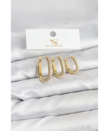 Pirinç Gold Renk Zirkon Taşlı Halka Model YSX Trio Küpe Seti