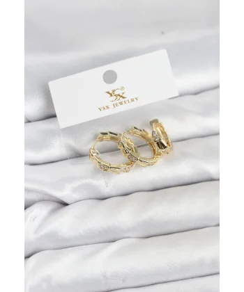 Pirinç Gold Renk Zirkon Taşlı Halka Yılan Model YSX Trio Küpe Seti