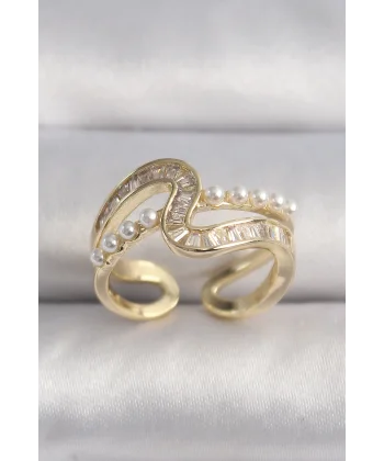 Pirinç Gold Renk Zirkon Taşlı İnci Detay VIP Seri Kadın Yüzük