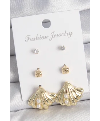Pirinç Gold Renk Zirkon Taşlı İnci Detaylı Deniz Kabuğu Model 3 Çift Kadın Küpe Seti