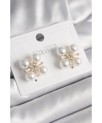 Pirinç Gold Renk Zirkon Taşlı İncili Kadın Küpe