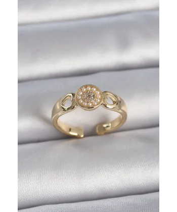 Pirinç Gold Renk Zirkon Taşlı İncili Kalp İşleme Detay Ayarlanabilir Kadın Yüzük