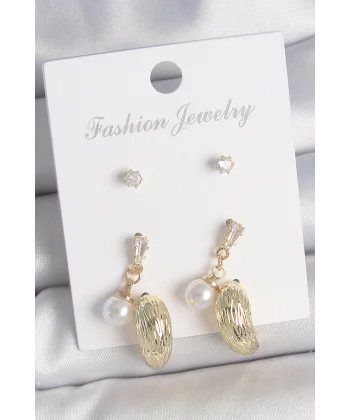 Pirinç Gold Renk Zirkon Taşlı İncili Sallantılı İşlemeli Damla Model 3 Çift Kadın Küpe Seti