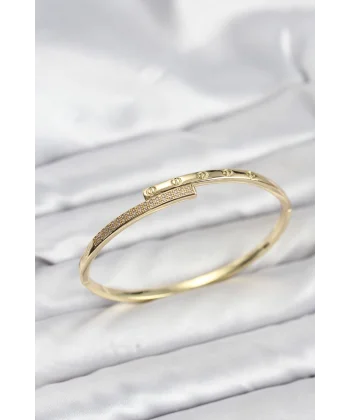 Pirinç Gold Renk Zirkon Taşlı Kadın Kelepçe Bileklik