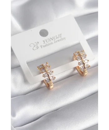 Pirinç Gold Renk Zirkon Taşlı Kadın Küpe