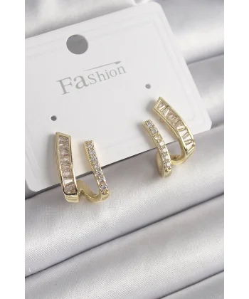 Pirinç Gold Renk Zirkon Taşlı Kadın Küpe