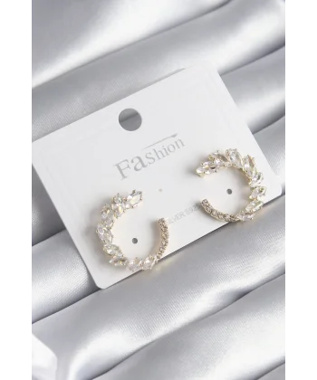 Pirinç Gold Renk Zirkon Taşlı Kadın Küpe