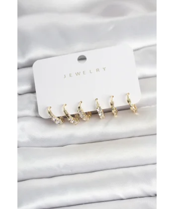 Pirinç Gold Renk Zirkon Taşlı Kadın Küpe Seti