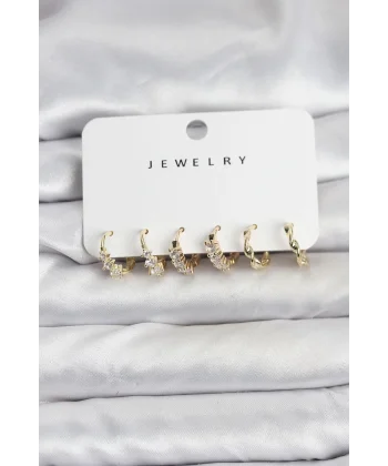 Pirinç Gold Renk Zirkon Taşlı Kadın Küpe Seti