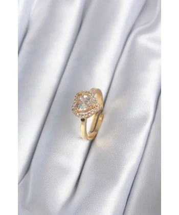 Pirinç Gold Renk Zirkon Taşlı Kalp Charm Model Kadın Yüzük