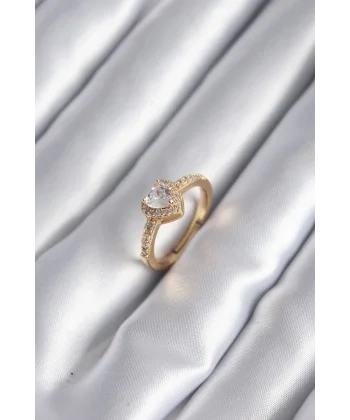 Pirinç Gold Renk Zirkon Taşlı Kalp Charm Model Kadın Yüzük