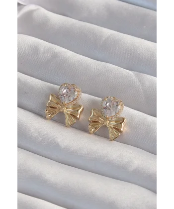 Pirinç Gold Renk Zirkon Taşlı Kalp Model Fiyonk Küpe