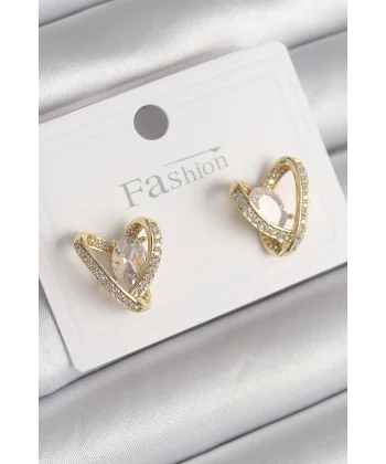 Pirinç Gold Renk Zirkon Taşlı Kalp Model Kadın Küpe