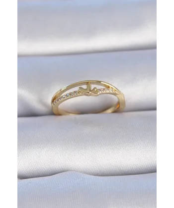 Pirinç Gold Renk Zirkon Taşlı Kalp Model Kadın Yüzük