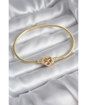 Pirinç Gold Renk Zirkon Taşlı Kalp Sonsuzluk Model Charm Kadın Bileklik