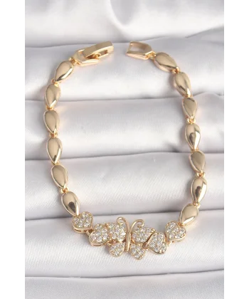 Pirinç Gold Renk Zirkon Taşlı Kelebek Figür Damla Zincir Model Kadın Bileklik