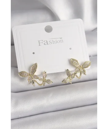 Pirinç Gold Renk Zirkon Taşlı Kelebek Model Kadın Küpe