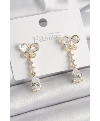 Pirinç Gold Renk Zirkon Taşlı Kelebek Model Sallantı Damla Zirkon Taş Kadın Küpe