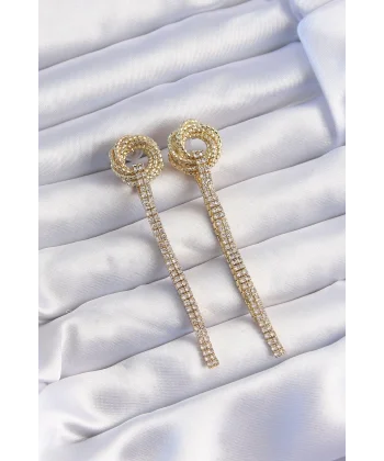 Pirinç Gold Renk Zirkon Taşlı Kıvrım Detay Sallantılı Küpe