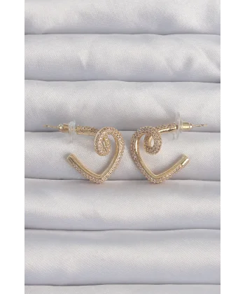 Pirinç Gold Renk Zirkon Taşlı Kıvrımlı Yarım Kalp Küpe