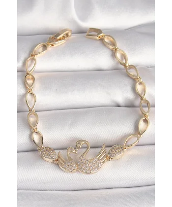 Pirinç Gold Renk Zirkon Taşlı Kuğu Figür Damla Zincir Model Kadın Bileklik