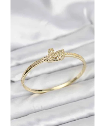 Pirinç Gold Renk Zirkon Taşlı Kuğu Model Kadın Kelepçe Bileklik