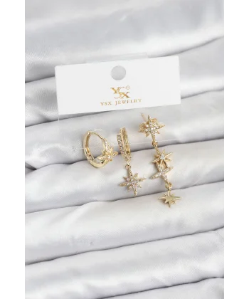 Pirinç Gold Renk Zirkon Taşlı Kutup Yıldızı Model YSX Trio Küpe Seti