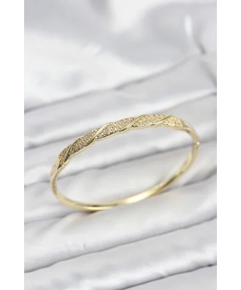 Pirinç Gold Renk Zirkon Taşlı Model Kadın Kelepçe Bileklik
