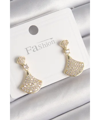 Pirinç Gold Renk Zirkon Taşlı Motif Model Kadın Küpe