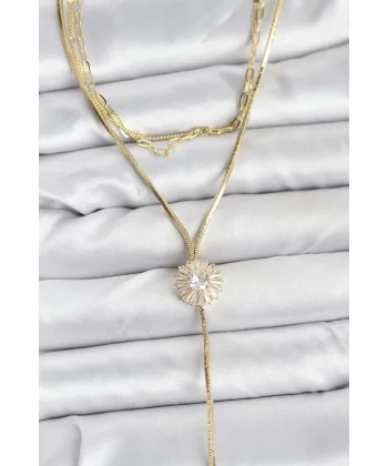 Pirinç Gold Renk Zirkon Taşlı Papatya Model Detaylı 3lü Kombin Y Kadın Kolye