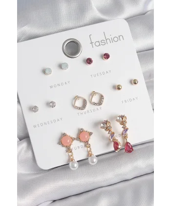 Pirinç Gold Renk Zirkon Taşlı Sallantı İnci Detay 7 Çift Kadın Küpe