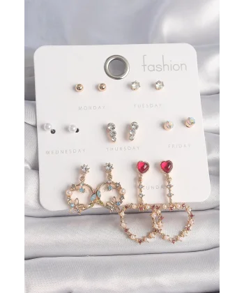 Pirinç Gold Renk Zirkon Taşlı Sallantı Kalp Figür 7 Çift Kadın Küpe Seti