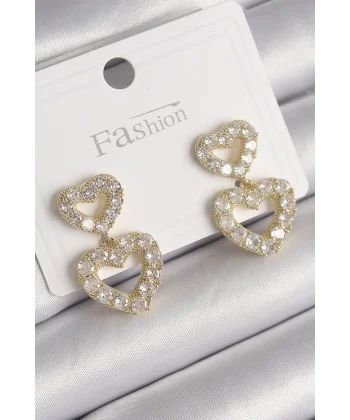 Pirinç Gold Renk Zirkon Taşlı Sallantı Kalp Model Kadın Küpe