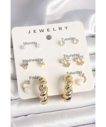 Pirinç Gold Renk Zirkon Taşlı Sarmal Halka Model 7Li Kadın Küpe Seti