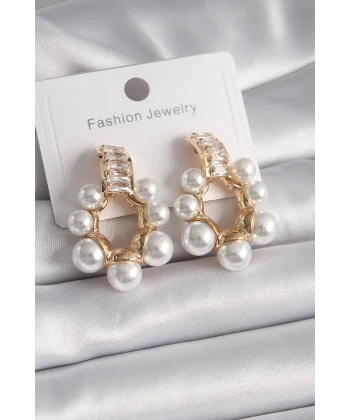 Pirinç Gold Renk Zirkon Taşlı Su Yolu İncili Halka Model Kadın Küpe