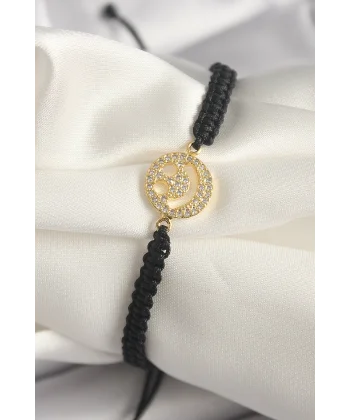 Pirinç Gold Renk Zirkon Taşlı Taç Figür Asansörlü Makrome Model Kadın Bileklik