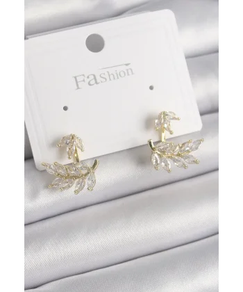 Pirinç Gold Renk Zirkon Taşlı Yaprak Model Kadın Küpe