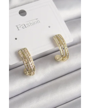 Pirinç Gold Renk Zirkon Taşlı Yarım Halka Model Kadın Küpe