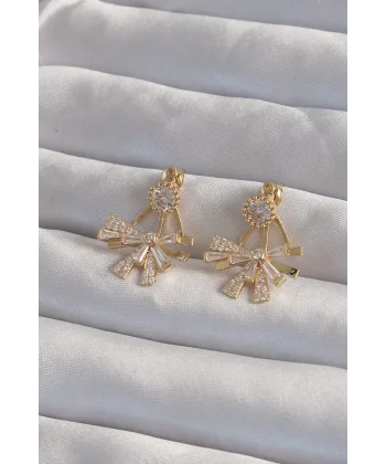 Pirinç Gold Renk Zirkon Taşlı Yassı Fiyonk Model Küpe