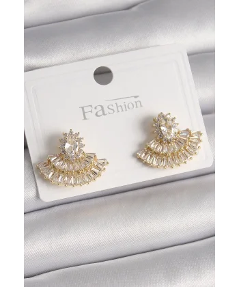 Pirinç Gold Renk Zirkon Taşlı Yelpaze Model Kadın Küpe