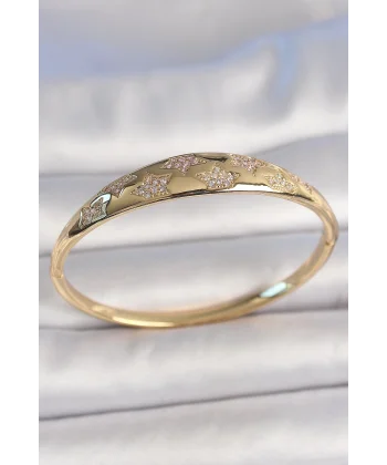 Pirinç Gold Renk Zirkon Taşlı Yıldız İşlemeli Kadın Kelepçe