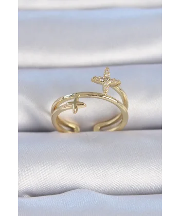 Pirinç Gold Renk Zirkon Taşlı Yıldız Model Kadın Yüzük